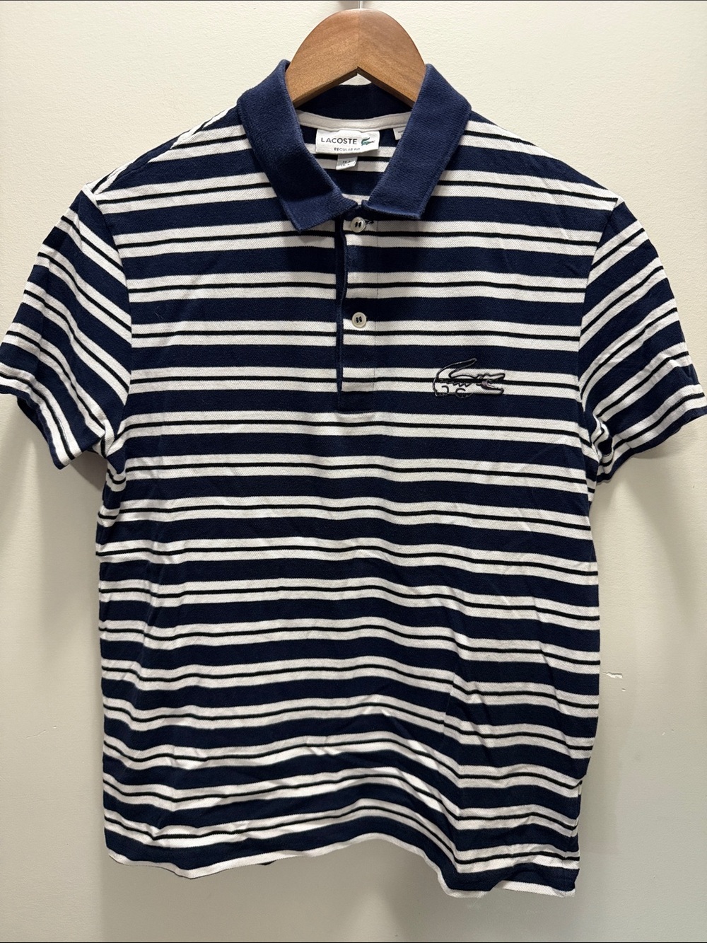 Lacoste Men’s Navy and White Striped Polo Size Small